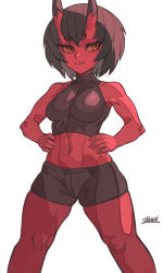 Rule 34 | 1girl, bike shorts, black hair, black shirt, black shorts, breasts, closed mouth, colored skin, cropped shirt, fang, fang out, feet out of frame, hands on own hips, horns, kidouko (zakusi), legs apart, looking at viewer, medium breasts, navel, oni, original, red oni, red skin, revision, shirt, short hair, shorts, signature, sleeveless, sleeveless shirt, smile, solo, standing, yellow eyes, zakusi