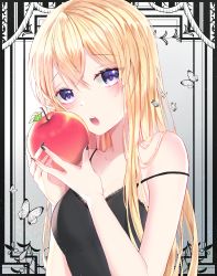 Rule 34 | 1girl, absurdres, animal, apple, bad id, bad pixiv id, bang dream!, bare arms, bare shoulders, black dress, black nails, blonde hair, blush, breasts, bug, butterfly, collarbone, commentary request, dress, fingernails, food, fruit, hair between eyes, hands up, head tilt, highres, holding, holding food, holding fruit, insect, long hair, nail polish, open mouth, purple eyes, red apple, seno (senohime), shirasagi chisato, sleeveless, sleeveless dress, small breasts, solo, strap slip, teeth, upper teeth only