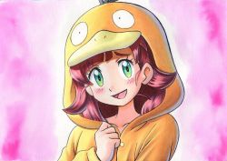 Rule 34 | 1girl, :d, blush, brown hair, buttons, chloe (pokemon), collarbone, commentary request, cosplay, creatures (company), eyelashes, game freak, gen 1 pokemon, green eyes, hair down, hand up, highres, hood, hood up, long hair, looking at viewer, nintendo, oka mochi, onesie, open mouth, pink background, pokemon, pokemon (anime), pokemon journeys, psyduck, psyduck (cosplay), smile, solo, tongue, traditional media