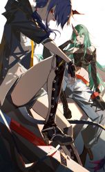 Rule 34 | 2girls, alternate costume, arknights, bare shoulders, black shirt, black shorts, blue hair, blue pants, boots, ch&#039;en (arknights), closed mouth, dragon horns, dragon tail, fingerless gloves, gloves, green eyes, green hair, hair between eyes, high heel boots, high heels, highres, horns, hoshiguma (arknights), hoshiguma (ronin huntress) (arknights), long hair, low tied hair, midriff, multicolored neckwear, multiple girls, navel, neckwear request, official alternate costume, pants, red eyes, satsuya, shirt, short shorts, shorts, sidelocks, single horn, sitting, skin-covered horns, tail, thighs, yellow neckwear