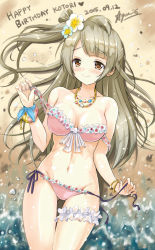 Rule 34 | 10s, 1girl, beach, brown eyes, brown hair, flower, hair flower, hair ornament, heart, highres, jewelry, long hair, love live!, love live! school idol festival, love live! school idol project, lying, md5 mismatch, minami kotori, necklace, resolution mismatch, solo, source smaller, star (symbol), staryume, swimsuit, untied