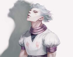 Rule 34 | 1boy, facepaint, facial mark, gradient hair, hair slicked back, half-closed eyes, highres, hisoka morow, hunter x hunter, looking up, male focus, multicolored hair, open mouth, red hair, shadow, short hair, silhouette, solo, star (symbol), star facial mark, toned, toned male, upper body, white hair, zrno