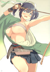Rule 34 | 1girl, absurdres, armpits, bandeau, blue hair, blush, bow (weapon), breasts, cleavage, green eyes, hakama, hakama short skirt, hakama skirt, highres, japanese clothes, kantai collection, large breasts, off shoulder, open mouth, page number, panties, scan, simple background, skirt, solo, souryuu (kancolle), twintails, u jie, underboob, underwear, wardrobe malfunction, weapon, white panties