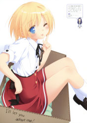 Rule 34 | 1boy, :p, absurdres, blonde hair, blue eyes, blush, box, cardboard box, character request, chibi, english text, for adoption, highres, in box, in container, kneehighs, male focus, mayoi neko overrun!, one eye closed, school uniform, short hair, socks, solo, tongue, tongue out, trap, tsuzuki otome, white socks, wink