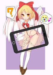 Rule 34 | 1girl, ?, absurdres, angel wings, blonde hair, bow, brown eyes, brown footwear, cellphone, commentary request, crying emoji, dress, dress tug, embarrassed, emoji, feathered wings, full body, gengetsu (touhou), hair bow, highres, inon, loafers, open mouth, phone, puffy short sleeves, puffy sleeves, ribbon, shoes, short hair, short sleeves, skirt, smartphone, solo, spoken question mark, suspender skirt, suspenders, thighhighs, touhou, touhou (pc-98), v arms, white dress, white thighhighs, wind, wind lift, wings, x-ray