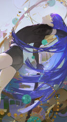 Rule 34 | 1other, absurdres, adjusting hair, androgynous, arched back, arms behind back, belt, black gloves, blue eyes, blue hair, blunt bangs, closed mouth, cowboy shot, cropped legs, crystal hair, elbow gloves, gem, gem uniform (houseki no kuni), glint, gloves, gold, hand in own hair, highres, holding, holding sheath, holding sword, holding weapon, houseki no kuni, kakin666, lapis lazuli (houseki no kuni), leaning back, long hair, looking at viewer, other focus, phosphophyllite (gemstone), puffy short sleeves, puffy sleeves, sheath, sheathed, short shorts, short sleeves, shorts, sideways glance, smile, solo, sparkle, straight hair, sword, very long hair, weapon, white belt