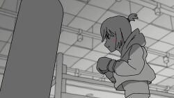 Rule 34 | 1girl, animated, boxing gloves, close-up, greyscale, monochrome, punching, short hair, solo, sweat, tagme, video