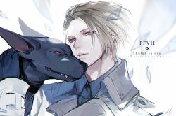 Rule 34 | 1boy, 1other, black gloves, blonde hair, blue eyes, broken glass, character name, collared shirt, darkstar (ff7), dog, fangs, fangs out, final fantasy, final fantasy vii, final fantasy vii remake, glass, gloves, grey shirt, jacket, long sleeves, looking at viewer, male focus, orange eyes, parted bangs, parted lips, rufus shinra, shirt, short hair, square enix, unedliche, upper body, white jacket
