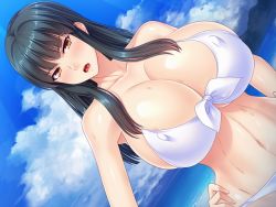 Rule 34 | 1girl, bikini, black hair, blue sky, blunt bangs, blush, breasts, cleavage, cloud, cloudy sky, covered erect nipples, curvy, dutch angle, female focus, front-tie bikini top, front-tie top, hands on own hips, hayami kasumi, huge breasts, long hair, looking at viewer, mountain, ocean, open mouth, orange hair, shiny skin, skindentation, sky, solo, sweat, swimsuit, water, white bikini, wide hips