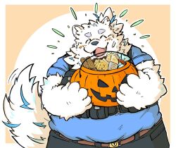 Rule 34 | 1boy, ^ ^, animal ears, bara, belly, blue fur, candy, closed eyes, dog boy, dog ears, facing viewer, fat, fat man, food, furry, furry male, halloween bucket, happy, jack-o&#039;-lantern, light blush, live a hero, male focus, multicolored hair, okudami, solo, streaked hair, tail, tail wagging, thick eyebrows, white fur, yohack