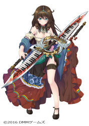 Rule 34 | 1girl, absurdres, aqua eyes, bare shoulders, blush, breasts, brown hair, character request, cleavage, clothes lift, corset, dmm, full body, highres, instrument, bridal garter, legs, lifted by self, long hair, looking at viewer, medium breasts, off shoulder, piano keys, shirt, shoes, side slit, skirt, skirt lift, smile, solo, source request, standing, sword, weapon, yone (qtron)