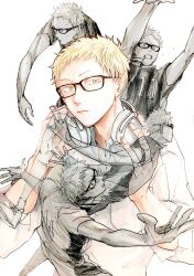 Rule 34 | 1boy, arms up, blonde hair, clenched teeth, closed mouth, glasses, haikyuu!!, headphones, highres, looking at viewer, male focus, open mouth, playing sports, short hair, short sleeves, simple background, sportswear, sweat, teeth, tsukishima kei, uchoohicohshi, variations, volleyball, volleyball uniform, white background, yellow eyes