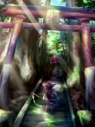 Rule 34 | 1girl, ayakashi (monkeypanch), bad id, bad pixiv id, female focus, forest, gap (touhou), gate, gohei, hakurei reimu, holding, holding gohei, light rays, nature, ribbon, scenery, stairs, sunbeam, sunlight, torii, touhou, yakumo yukari