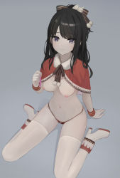 Rule 34 | 1girl, anouetto, arm support, black hair, breasts, capelet, colored shoe soles, condom, full body, fur-trimmed capelet, fur trim, grey background, hair ornament, hand up, high heels, highres, holding, holding condom, idolmaster, idolmaster shiny colors, kazano hiori, long hair, looking at viewer, medium breasts, mole, mole under mouth, navel, nipples, panties, purple eyes, red capelet, red panties, red wristband, simple background, sitting, solo, string panties, striped wristband, swept bangs, thighhighs, underwear, used condom, wariza, white footwear, white thighhighs, yellow wristband