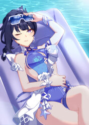 Rule 34 | 1girl, absurdres, bare shoulders, blue-tinted eyewear, blue pupils, breasts, cleavage, cleavage cutout, clothing cutout, commentary request, crossed legs, flower, from above, goggles, goggles on head, hair ornament, highres, holding, holding goggles, honkai (series), honkai impact 3rd, large breasts, looking at viewer, lying, medium hair, on back, one eye closed, purple eyes, purple hair, raiden mei, raiden mei (crooning tides) (honkai impact), raiden mei (herrscher of origin), rectangular eyewear, ribbon, ryuusan (leuthan698), smile, solo, teeth, thigh strap, tinted eyewear, water, white flower, white ribbon, wrist ribbon