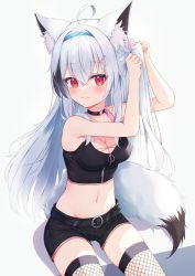 Rule 34 | 1girl, :3, ahoge, animal ears, armpits, arms up, bare arms, bare shoulders, belt, black choker, black shirt, black shorts, breasts, choker, cleavage, crop top, fishnet thighhighs, fishnets, fox ears, fox girl, fox tail, hair ornament, hairband, hairclip, long hair, looking at viewer, medium breasts, midriff, miso (misomiso 154), multicolored hair, navel, one side up, original, red eyes, revealing clothes, shirt, short shorts, shorts, sitting, sleeveless, sleeveless shirt, solo, stomach, streaked hair, tail, thighhighs, thighs, tying hair, white hair, x hair ornament