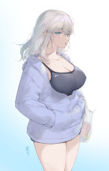 Rule 34 | 1girl, bag, blue eyes, blue jacket, blush, breasts, cleavage, collarbone, commentary request, from side, gradient background, grey hair, grey shirt, hair between eyes, hands in pockets, highres, hood, hood down, hooded jacket, jacket, large breasts, legs, long sleeves, looking at viewer, original, plastic bag, shirt, sidelocks, signature, sleeveless, sleeveless shirt, solo, standing, sweat, urakiso, white background