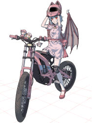Rule 34 | 1girl, absurdres, animal ears helmet, arms up, bicycle, blue hair, bow, cat helmet, collared shirt, demon wings, frilled shirt collar, frilled skirt, frilled sleeves, frills, full body, fumo (doll), gloves, grid, highres, knee pads, looking at viewer, mary janes, parted lips, pink headwear, pink shirt, pink skirt, red eyes, red footwear, red gloves, remilia scarlet, removing helmet, riding, riding bicycle, shirt, shoes, short hair, short sleeves, skirt, sleeve garter, slit pupils, solo, thighhighs, touhou, waist bow, white background, white thighhighs, wings, youpofen, yukkuri shiteitte ne