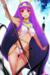 Rule 34 | 1girl, :o, angry, animal ears, bare arms, bare legs, bikini, blue background, blunt bangs, bracelet, cowboy shot, dark-skinned female, dark skin, earrings, egyptian clothes, facial mark, fate/grand order, fate (series), hairband, holding, holding staff, hoop earrings, jackal ears, jewelry, jun (ash), long hair, looking at viewer, low-tied long hair, navel, nitocris (fate), open mouth, purple eyes, purple hair, solo, staff, swimsuit, thigh gap, usekh collar, white bikini