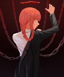 Rule 34 | 1girl, braid, chain, chainsaw man, collared shirt, halo, highres, jacket, looking at viewer, looking back, makima (chainsaw man), pants, red hair, red halo, sebyxtan, serious, shirt, simple background, solo, white shirt, yellow eyes