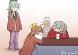 Rule 34 | alternate costume, blue eyes, brown hair, commentary request, curly hair, green hair, hair between eyes, hair ornament, hair ribbon, hairclip, hanten (clothes), kagerou (kancolle), kantai collection, kashima (kancolle), kettle, kotatsu, long hair, misumi (niku-kyu), open mouth, ribbon, silver hair, simple background, sleeping, steam, table, twintails, yamakaze (kancolle)