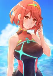 Rule 34 | 1girl, black one-piece swimsuit, breasts, competition swimsuit, earrings, fingerless gloves, gloves, headpiece, highres, jewelry, large breasts, looking at viewer, nintendo, one-piece swimsuit, pyra (pro swimmer) (xenoblade), pyra (xenoblade), red eyes, red hair, saito (pigrank), short hair, sidelocks, simple background, solo, swept bangs, swimsuit, tiara, xenoblade chronicles (series), xenoblade chronicles 2