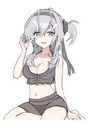 Rule 34 | 1girl, bikini, black bikini, breasts, cleavage, grey eyes, grey hair, hair between eyes, highres, kantai collection, large breasts, long hair, looking at viewer, official alternate costume, one side up, parted lips, sayuwan, simple background, sitting, solo, suzutsuki (kancolle), swimsuit, white background