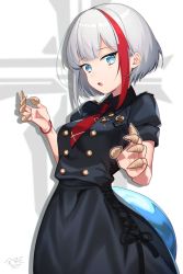 Rule 34 | 1girl, admiral graf spee (azur lane), admiral graf spee (girl&#039;s sunday) (azur lane), azur lane, black dress, blue eyes, blush, breasts, bugles, bugles (food), bugles on fingers, commentary request, dress, food on hand, highres, kinsenka momi, looking at viewer, medium breasts, multicolored hair, necktie, open mouth, puffy short sleeves, puffy sleeves, red hair, red necktie, short sleeves, signature, silver hair, snack, solo, streaked hair