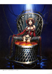 Rule 34 | 1girl, absurdres, bdsm, black lagoon, boots, bow, breasts, brown eyes, brown hair, bustier, chain, chair, cleavage, collar, detached sleeves, dominatrix, garter straps, gloves, hair bow, hair ribbon, high heel boots, high heels, highres, hiroe rei, laces, large breasts, latex, leash, leather, legs, lingerie, lipstick, long hair, looking at viewer, makeup, panties, revy (black lagoon), ribbon, short hair, sitting, solo, spikes, tattoo, thigh boots, thighhighs, thighs, throne, underwear, whip, yellow eyes