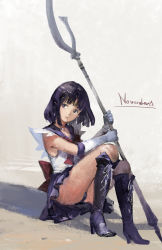Rule 34 | 1girl, bishoujo senshi sailor moon, bob cut, boots, choker, circlet, cross-laced footwear, elbow gloves, glaive (polearm), gloves, gradient background, high heel boots, high heels, highres, holding, holding polearm, holding spear, holding weapon, jeanex, knee boots, lace-up boots, panties, pleated skirt, polearm, purple eyes, purple footwear, purple hair, purple panties, purple skirt, ribbon, sailor saturn, shadow, short hair, silence glaive, sitting, skirt, solo, spear, tomoe hotaru, underwear, weapon, white gloves