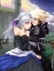 Rule 34 | 1boy, 1girl, arm grab, armor, bare shoulders, blonde hair, blue eyes, couple, detached sleeves, dress, gwendolyn (odin sphere), hair ornament, hetero, holding another&#039;s wrist, hug, long hair, odin sphere, oswald, short hair, silver hair, strapless, strapless dress, su xxx, yellow eyes