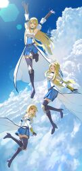 Rule 34 | 3girls, above clouds, absurdres, ahoge, arms up, belt, blonde hair, blue choker, blue dress, blue sky, boots, breasts, cape, chest armor, choker, closed mouth, cloud, detached sleeves, dress, e ga ku, flying, full body, gloves, gran maria, high heel boots, high heels, highres, isekai nonbiri nouka, knee boots, kudel (isekai nonbiri nouka), kurone (isekai noubiri nouka), lens flare, long hair, looking at viewer, medium breasts, multiple girls, open mouth, pantyhose, purple gloves, purple pantyhose, short hair, shoulder pads, sky, smile, uniform, very long hair, white cape, yellow eyes