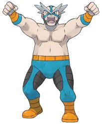 Rule 34 | 1boy, arms up, artist request, beard, black eyes, black hair, blue leggings, boots, clenched hands, collarbone, crasher wake, creatures (company), facial hair, full body, game freak, gym leader, happy, leggings, looking at viewer, lowres, male focus, mask, muscular, nintendo, official art, open mouth, orange footwear, outstretched arms, pokemon, pokemon dppt, short hair, simple background, skin tight, smile, solo, standing, teeth, topless male, transparent background, very short hair, wristband
