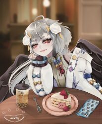 Rule 34 | 1girl, absurdres, black wings, blush, bow, bubble tea, cafe, cake, closed mouth, eye contact, facing viewer, food, grey hair, hair ornament, highres, long hair, long sleeves, looking at another, looking at viewer, red eyes, smile, solo, tengu, verarity, virtual youtuber, wings