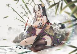 Rule 34 | 1girl, animal ears, animal print, bad id, bad pixiv id, bamboo, bikini, black hair, black nails, black thighhighs, blurry, blurry foreground, breasts, brown eyes, calligraphy, calligraphy brush, chinese zodiac, cleavage, commentary, cow ears, cow girl, cow print, cow tail, cup, depth of field, english commentary, facial mark, front-tie bikini top, front-tie top, half-closed eyes, highres, holding, holding brush, holding cup, ink stain, japanese clothes, kimono, large breasts, leaf, legs, long hair, long sleeves, looking at viewer, multicolored hair, nail polish, new year, off shoulder, open clothes, open kimono, open mouth, original, paintbrush, pink kimono, print bikini, sakazuki, sidelocks, single thighhigh, sitting, smile, solo, string bikini, swimsuit, tail, teddy (khanshin), thighhighs, two-tone hair, wariza, white bikini, white hair, wide sleeves, wind, year of the ox