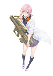 Rule 34 | 1girl, absurdres, adjusting eyewear, airburst grenade launcher, alliant techsystems, alternate color, alternate official art, blue shirt, borrowed character, bullpup, camouflage, camouflage gun, candy, coat, computerized scope, crimson (cxrss377), ear protection, earmuffs, food, glasses, grenade launcher, gun, gun sling, hair ornament, hairclip, heckler &amp; koch, highres, holding, holding candy, holding food, holding gun, holding weapon, ipop, l-3 ios brashear, lab coat, little armory, lollipop chainsaw, long gun, looking at viewer, military program, official alternate art, official alternate color, official art, oicw increment 2 (military program), oicw increments (military program), oizumi ren, orbital atk, original, pink hair, precision-guided firearm, prototype design, purple eyes, ribbon, scientist, scope, semi-automatic firearm, semi-automatic grenade launcher, shirt, sight (weapon), skirt, smart scope, smile, snack, telescopic sight, tomytec, weapon, white background, xm104 (smart scope), xm25 cdte