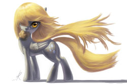 Rule 34 | 2012, blonde hair, derpy hooves, fausto, floating hair, food, hair over one eye, long hair, mane, mouth hold, muffin, my little pony, my little pony: friendship is magic, no humans, pegasus, signature, simple background, solo, standing, white background, wind, wings, yellow eyes