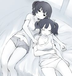 Rule 34 | 2girls, alternate costume, breast pillow, breasts, cleavage, closed eyes, closed mouth, clothes pull, commentary request, feet out of frame, greyscale, hair ribbon, half-closed eyes, hand on own stomach, hiryuu (kancolle), kantai collection, kashmir, large breasts, light blush, looking at viewer, lying, midriff, monochrome, multiple girls, navel, no pants, on back, on bed, one side up, open mouth, panties, ribbon, shirt, shirt pull, short shorts, short sleeves, short twintails, shorts, sleeping, smile, souryuu (kancolle), t-shirt, twintails, underwear, window