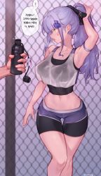 Rule 34 | 1boy, 1girl, absurdres, alternate costume, arm strap, blush, bottle, breasts, eonsang, facial mark, girls&#039; frontline, green eyes, hair ornament, high ponytail, highres, hk416 (girls&#039; frontline), holding, holding bottle, large breasts, long hair, narrow waist, navel, open mouth, short shorts, shorts, sidelocks, silver hair, solo focus, speech bubble, sweat, translation request, wide hips