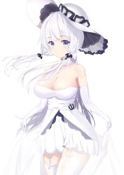 Rule 34 | 1girl, absurdres, azur lane, blue eyes, blush, breasts, cleavage, dress, elbow gloves, garter straps, gloves, hair between eyes, hair ornament, hair ribbon, hat, highres, illustrious (azur lane), kuyashi, lace-trimmed headwear, lace trim, large breasts, lifted by self, long hair, looking at viewer, mole, mole under eye, off-shoulder dress, off shoulder, ribbon, smile, solo, strapless, strapless dress, sun hat, thighhighs, tress ribbon, white dress, white gloves, white hair, white hat, white thighhighs