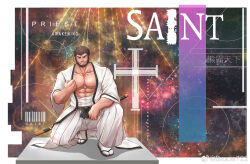 Rule 34 | 1boy, abs, bara, beard, brown hair, bulge, character request, check character, commission, covered abs, dungeon and fighter, facial hair, full body, hakama, hakama pants, highres, japanese clothes, kimono, kulolin, large pectorals, looking at viewer, male focus, male priest (dungeon and fighter), mature male, midriff sarashi, muscular, muscular male, nipples, on one knee, open clothes, open kimono, pants, pectoral cleavage, pectorals, saint (dungeon and fighter), sandals, sarashi, second-party source, short hair, smirk, solo, stomach, undressing, white pants, zouri