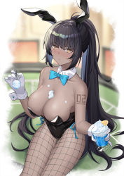 Rule 34 | 1girl, aqua neckwear, bare shoulders, between breasts, black hair, black leotard, blue archive, blunt bangs, bow, bowtie, breasts, casino card table, chinese commentary, cleavage, cream on body, cream on breasts, dark-skinned female, dark skin, detached collar, fishnet pantyhose, fishnets, food, hand up, highleg, highleg leotard, highres, holding, holding food, holding spoon, karin (blue archive), karin (bunny) (blue archive), large breasts, leotard, long hair, number tattoo, pantyhose, pinky out, playboy bunny, ponytail, red plate (kyuu45), sitting, slit pupils, solo, spoon, strapless, strapless leotard, table, tattoo, traditional bowtie, whipped cream, yellow eyes