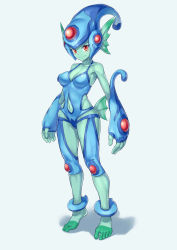 Rule 34 | 1girl, absurdres, anklet, aomoro, bad id, bad pixiv id, bare shoulders, barefoot, blue background, blue headwear, blue leggings, blue one-piece swimsuit, blush, breasts, cleavage, closed mouth, clothing cutout, collarbone, colored skin, commentary, covered erect nipples, digimon, digimon (creature), facial mark, fingerless gloves, fins, full body, gloves, green skin, groin, highres, jewelry, leggings, looking at viewer, medium breasts, navel, navel cutout, one-piece swimsuit, ranamon, red eyes, shadow, side cutout, simple background, slit pupils, smile, solo, standing, swimsuit