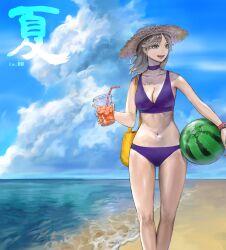 Rule 34 | 1girl, absurdres, artist name, ball, beach, beachball, bendy straw, bikini, blue eyes, blue sky, breasts, brown hat, choker, cleavage, cloud, collarbone, cup, day, disposable cup, drink, drinking straw, grey hair, hat, highres, holding, holding ball, holding beachball, holding cup, level-00, medium breasts, medium hair, navel, ocean, open mouth, original, outdoors, parted bangs, purple bikini, purple choker, sky, smile, solo, standing, straw hat, summer, swimsuit, water, watermelon beachball