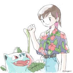 Rule 34 | 1girl, belt, blue pants, brown hair, buttons, clenched hand, closed mouth, collarbone, collared shirt, commentary request, creatures (company), earrings, fist bump, floral print, game freak, gen 1 pokemon, grey eyes, hand up, highres, ivysaur, jewelry, looking down, nintendo, pants, plant, pokemon, pokemon (creature), pokeyugami, shirt, short hair, short sleeves, simple background, smile, vines, white background