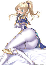 Rule 34 | 1girl, 4linex, absurdres, ass, bare shoulders, blonde hair, blue eyes, blush, boots, bow, breasts, cameltoe, come hither, from behind, genshin impact, hair bow, highres, huge ass, jean (genshin impact), large breasts, long hair, looking at viewer, looking back, pants, ponytail, shiny clothes, sideboob, sitting, smile, solo, yokozuwari