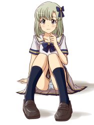 Rule 34 | 1girl, arm support, black socks, blue bow, blue bowtie, blue panties, blue socks, bow, bowtie, brown eyes, brown footwear, clenched hand, closed mouth, commentary request, crotch seam, full body, green hair, hair bow, idolmaster, idolmaster (classic), idolmaster stella stage, kneehighs, lace, lace-trimmed panties, lace trim, lielos, loafers, long hair, looking at viewer, miniskirt, mole, mole under eye, panties, pantyshot, pleated skirt, school uniform, shadow, shiika (idolmaster), shirt, shoes, short sleeves, simple background, sitting, skirt, smile, socks, solo, underwear, white background, white shirt, white skirt