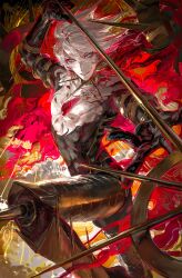 1boy absurdres armor bishounen blue_eyes cape chest_jewel collar earrings egawa_akira eyeshadow eyeshadow_under_eye fate/grand_order fate_(series) hair_between_eyes highres holding holding_polearm holding_weapon jewelry karna_(fate) kavacha_(fate) kundala_(fate) leg_armor looking_at_viewer makeup male_focus pale_skin polearm red_cape red_eyeshadow short_hair single_earring solo spiked_collar spikes vasavi_shakti_(fate) weapon white_hair