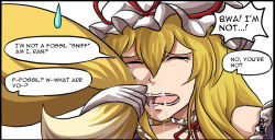 2girls blonde_hair bow buhbuhbored commentary crying dress english_commentary hair_bow hat highres long_hair long_sleeves multiple_girls open_mouth ribbon short_hair short_sleeves simple_background snot tail touhou yakumo_ran yakumo_yukari