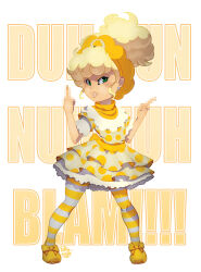 Rule 34 | 1girl, bitch pudding, blonde hair, bow, censored, censored gesture, commission, cupcake, dress, earrings, food, footwear bow, freckles, full body, green eyes, hands up, hat, highres, jewelry, long hair, looking to the side, middle finger, open mouth, pants, polka dot, polka dot dress, ponytail, ribbon, robot chicken, shoes, short dress, short sleeves, signature, single earring, standing, striped clothes, striped pants, teeth, tovio rogers, yellow bow, yellow dress, yellow footwear, yellow headwear, yellow ribbon